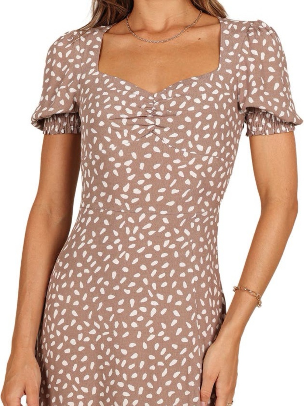 Petal & Pup Franklin Puff Sleeve Side Slit Taupe Sweatheart Neckline Midi Dress - Picture 3 of 13